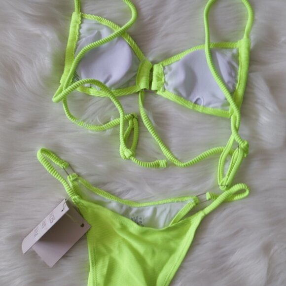NEW Bright Neon Green Sexy Tiny Ribbed Bikini Swim Set Size Large - Picture 8 of 9